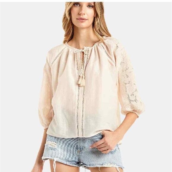 Secret Mission NWT Silk Rachel Blouse Embroidered Tassel Top in Almond Butter - Picture 11 of 12